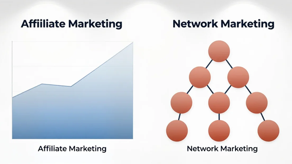 Diagram comparing Affiiliate Marketing, showing a growth chart, and Network Marketing, showing a hierarchical node tree.