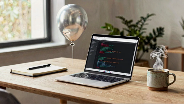 Digital artwork of a laptop with code on a desk, featuring a floating metallic ai bubble and a steaming coffee cup in a bright home office.