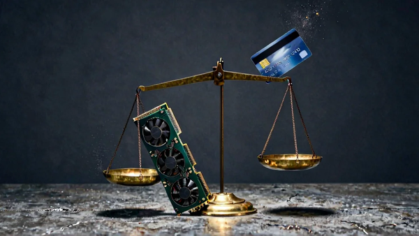 Conceptual image of a GPU on a scale outweighing a credit card, symbolizing the high cost of AI hardware and bubble market trends.