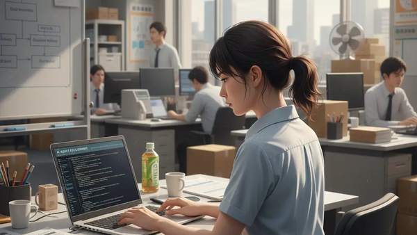 A young japanese office worker woman with brown hair is focused on her computer at a desk in a modern office setting, coding an AI agent.