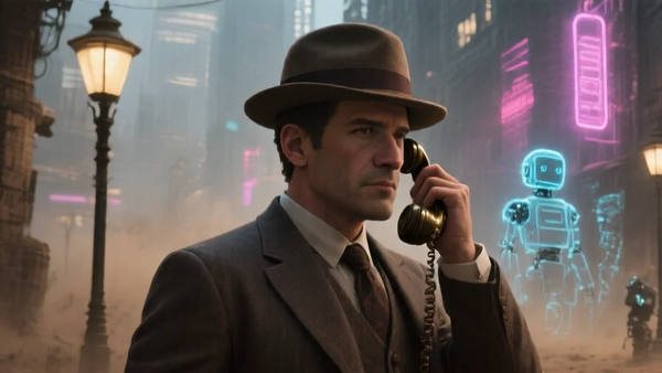 A man in a fedora talking on an old-fashioned phone, contrasted with a futuristic city and robots, symbolizing the “old way of doing things” in sales and the modern salesperson.