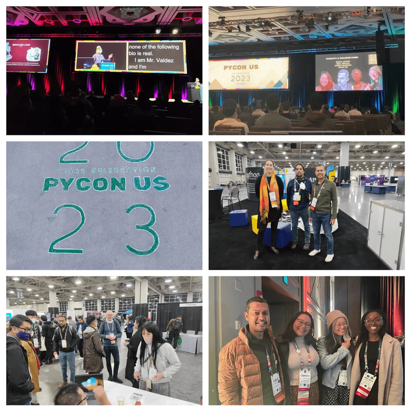 Collage of four photos from PyCon US 2023 showing presentations, attendees, and a floor marking with "PYCON US 2023" text.