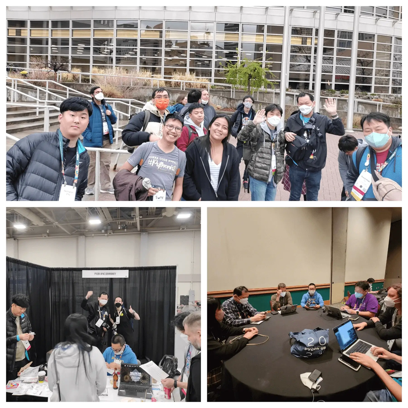 Collage of two photos showing members of the Asian community at PyCon US 2023 posing outdoors and meeting indoors.