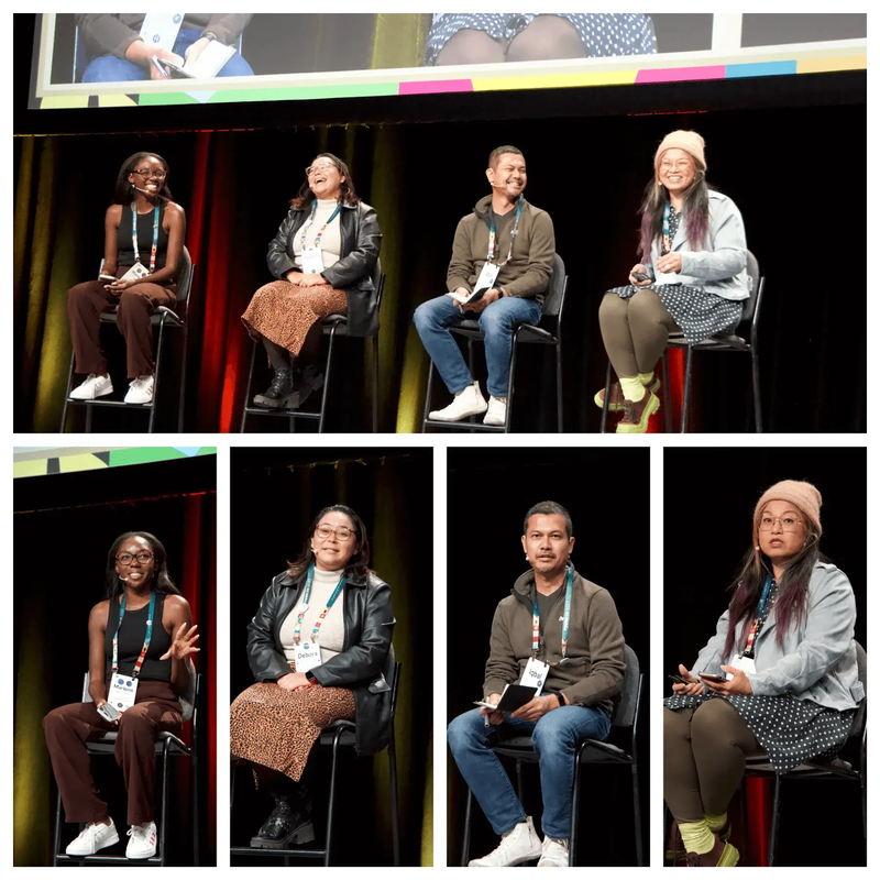 Panel discussion at PyCon US 2023 featuring four diverse speakers sitting on stage in chairs.
