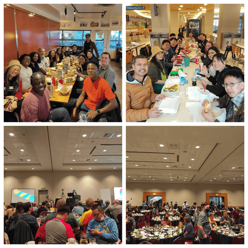 Collage showing a diverse group of people dining together at PyCon US 2023.